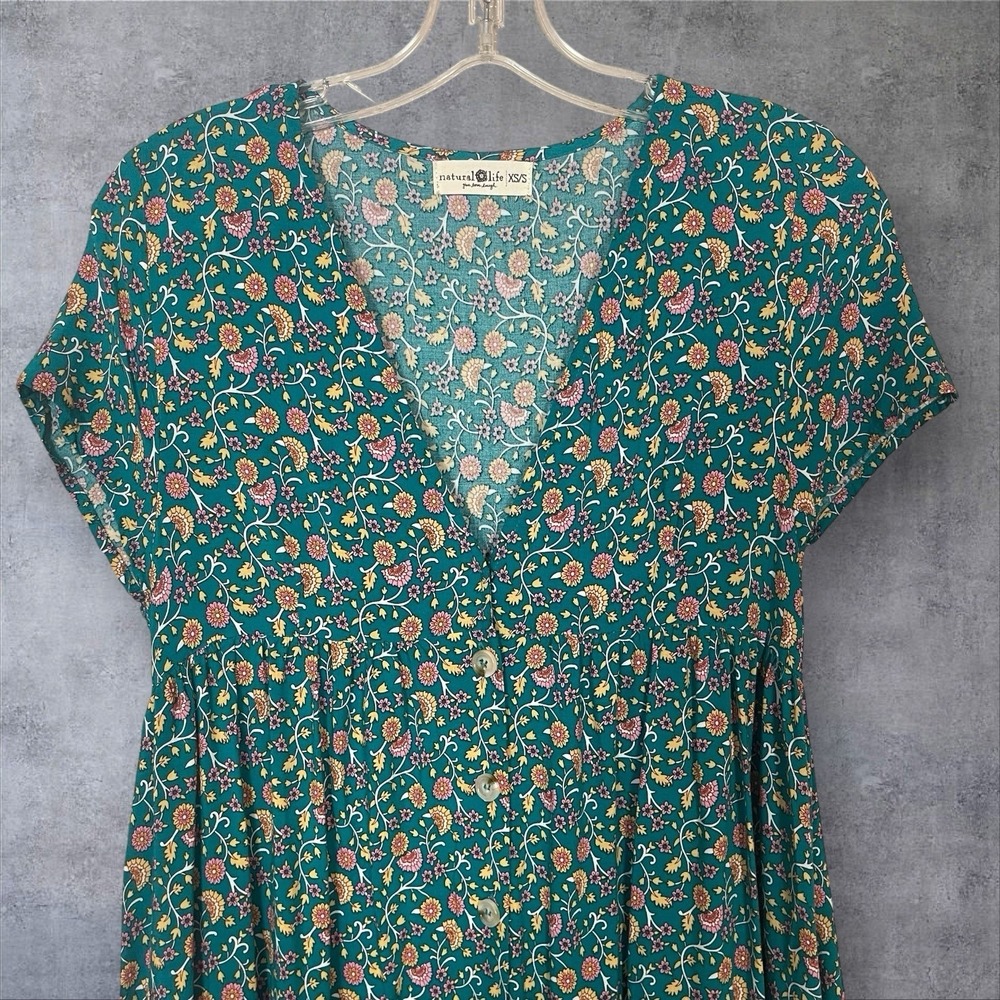 Natural Life Avery Floral Midi  Dress Womens XS/S  Turquoise/Orange Boho Peasant - Picture 3 of 8